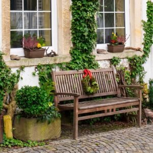 bench, nature, facade, garden, ivy, architecture, building, front yard, house